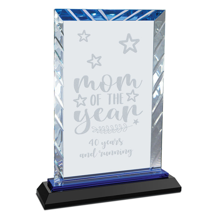 Mom of the Year - 8 Inch Flame Facet Glass Award With Black Base