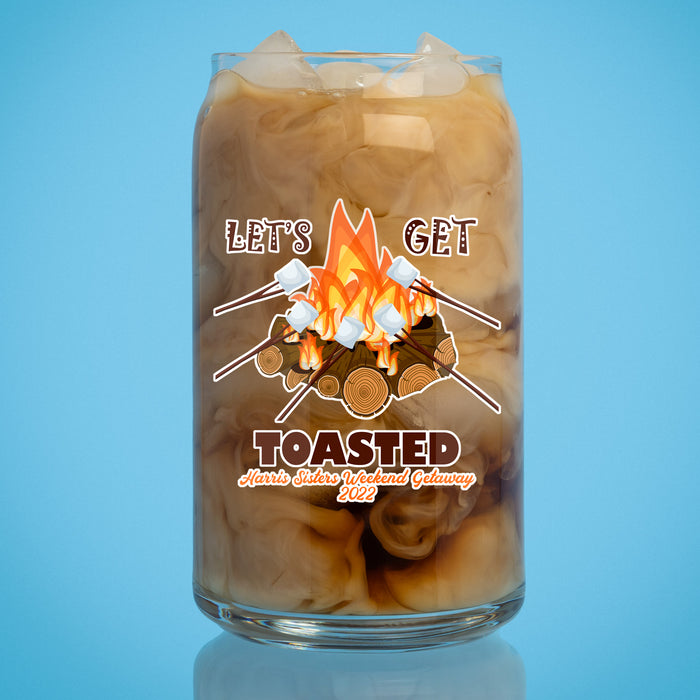 Personalized Lets Get Toasted - UV Printed 16oz Can Glass, Gift for Camper, RV'er, Outdoor Enthusiast