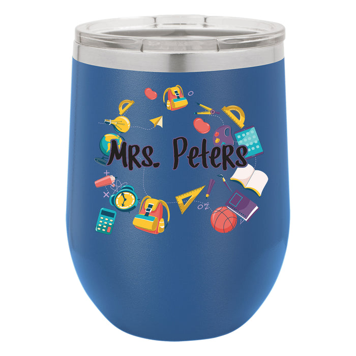 Personalized School Supply Circle - Teacher Student Themed - UV Printed Insulated Stemless Stainless Steel 12 oz Tumbler