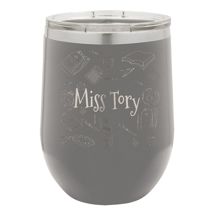 Personalized School Supplies Drawing - Teacher Student Themed - Laser Engraved Insulated Stemless Stainless Steel 12 oz Tumbler