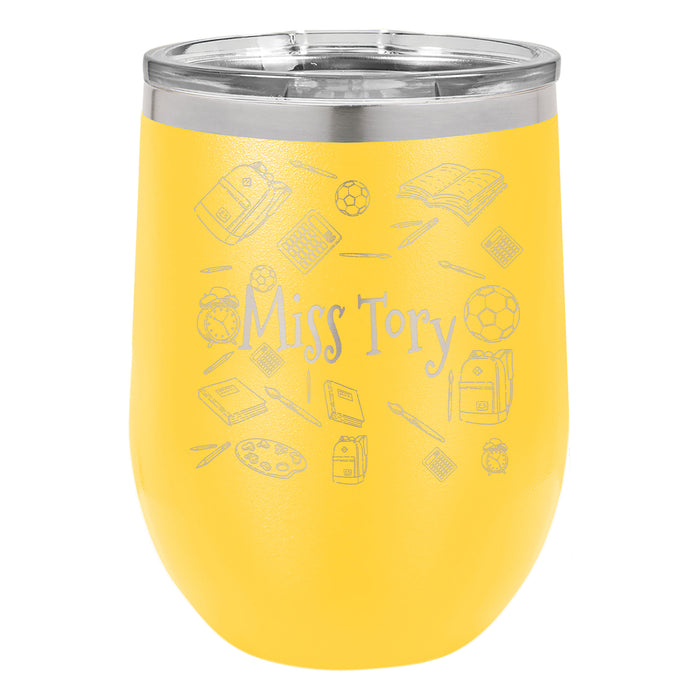 Personalized School Supplies Drawing - Teacher Student Themed - Laser Engraved Insulated Stemless Stainless Steel 12 oz Tumbler