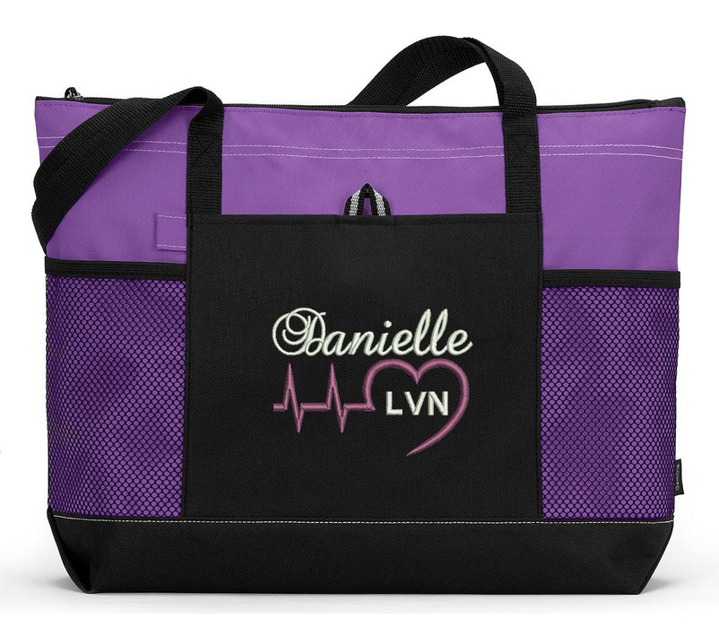 Heart Beat Personalized Rn, Lpn, Nurse, Emt Embroidered Zippered Tote Bag With Mesh Pockets, Beach Bag, Boating - Simply Custom Life