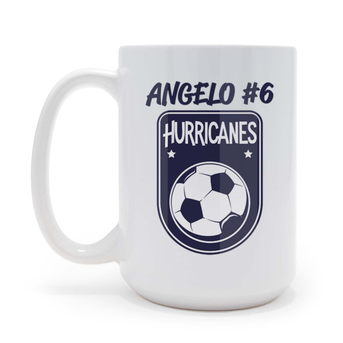 Soccer Team Crest Personalized 15oz Coffee Mug, Featuring Player Name and Number