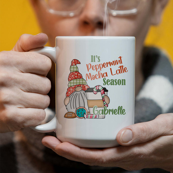 Personalized Christmas Gnome - It's Peppermint Mocha Latte Season - 15 oz Ceramic Coffee Mug