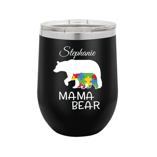 Mama Bear Autism Awareness Personalized 12 oz Insulated Stemless Wine Tumbler - Simply Custom Life