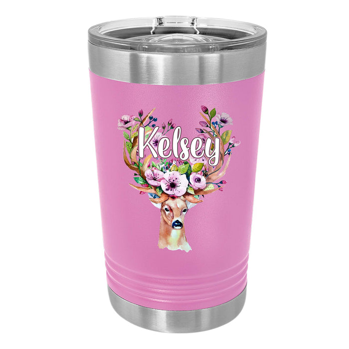 Personalized Floral Huntress with Big Buck UV Printed Insulated Stainless 16oz Tumbler, Gift for Hunter