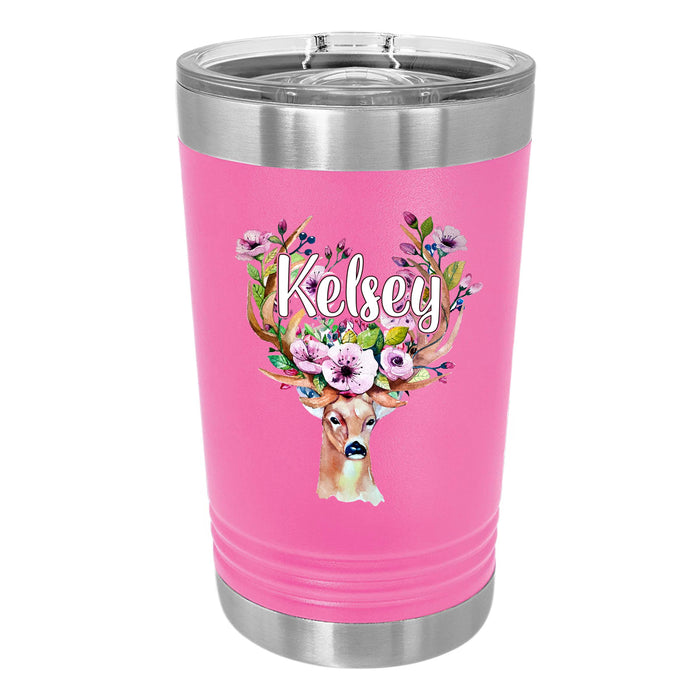 Personalized Floral Huntress with Big Buck UV Printed Insulated Stainless 16oz Tumbler, Gift for Hunter