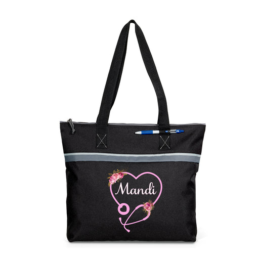 Floral Heart Stethoscope Nurse Printed Personalized Small Beach Tote - Simply Custom Life