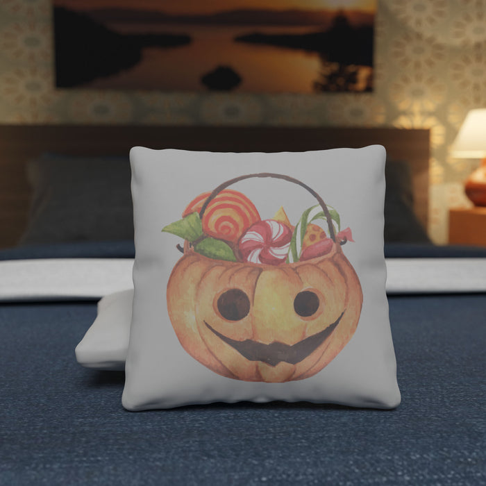 Halloween Themed Throw Pillow - Candy Filled Jack O Lantern, 15.75in x 15.75in Peach Skin Pillow Cover, with Optional Insert