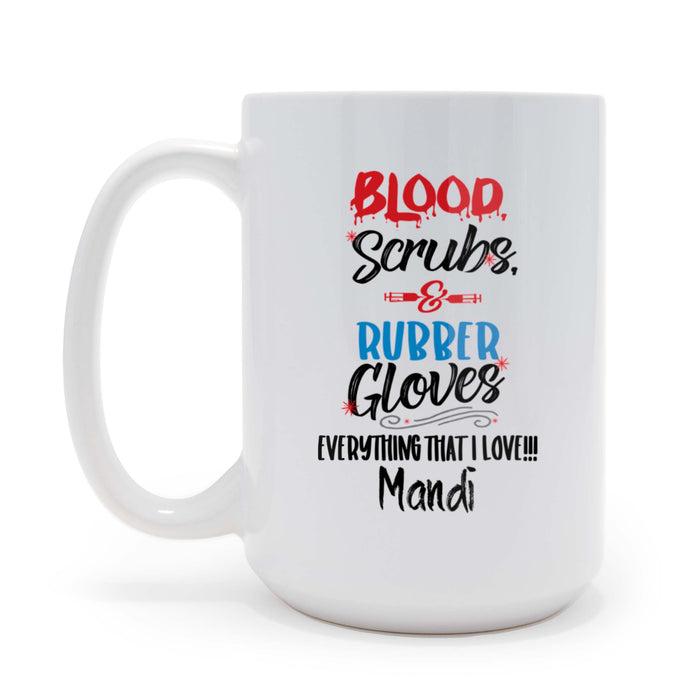 Custom 15 oz Ceramic Coffee Mug, Gift for Medical Lab Technicians, Blood Scrubs and Rubber Gloves