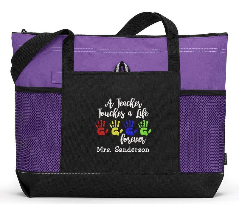 A Teacher Touches A Life Forever Personalized Embroidered Teacher Tote Bag with Mesh Pockets