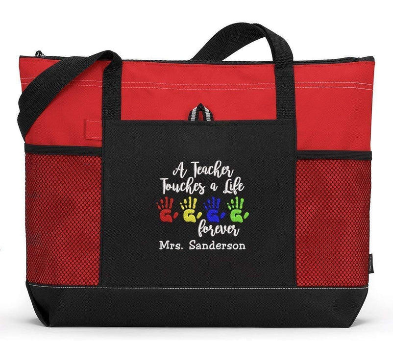 A Teacher Touches A Life Forever Personalized Embroidered Teacher Tote Bag with Mesh Pockets
