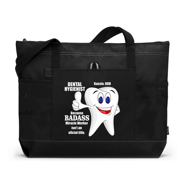 Badass Dental Hygienist, Assistant Printed Tote Bag with Mesh Pockets, Gift for Massage Therapist