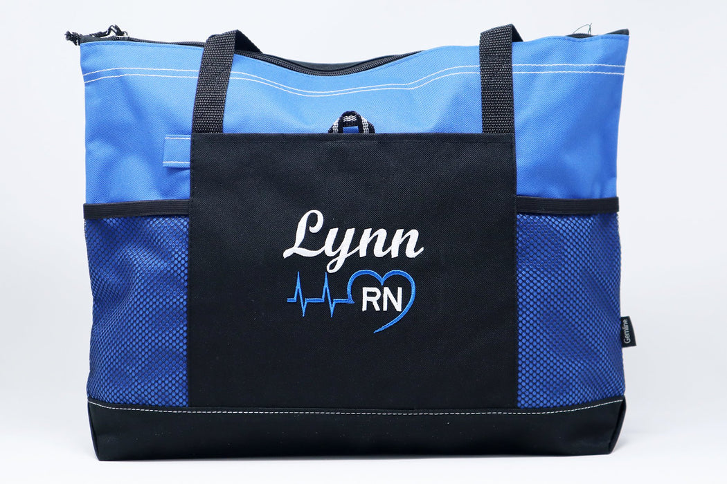 Heart Beat Personalized Rn, Lpn, Nurse, Emt Embroidered Zippered Tote Bag With Mesh Pockets, Beach Bag, Boating - Simply Custom Life