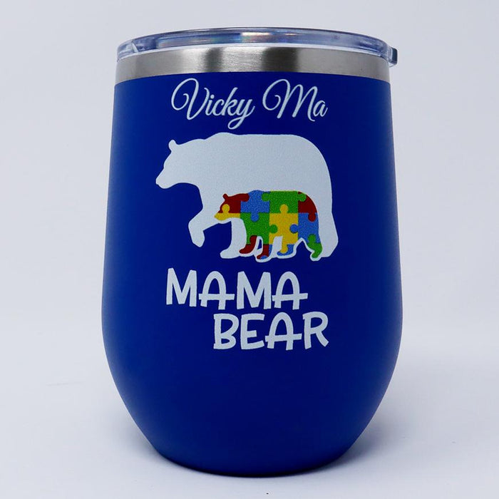 Mama Bear Autism Awareness Personalized 12 oz Insulated Stemless Wine Tumbler - Simply Custom Life