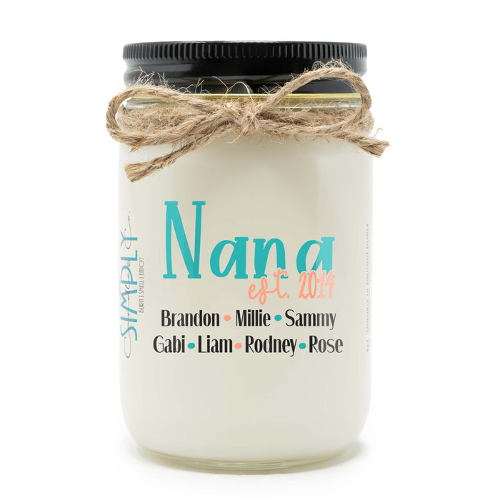 Personalized Gift for Grandma Featuring Est. Date and Grandchildren's Names, Hand Poured Soy Candle, Mother's Day, Gift for Grandmother, Pregnancy Announcement