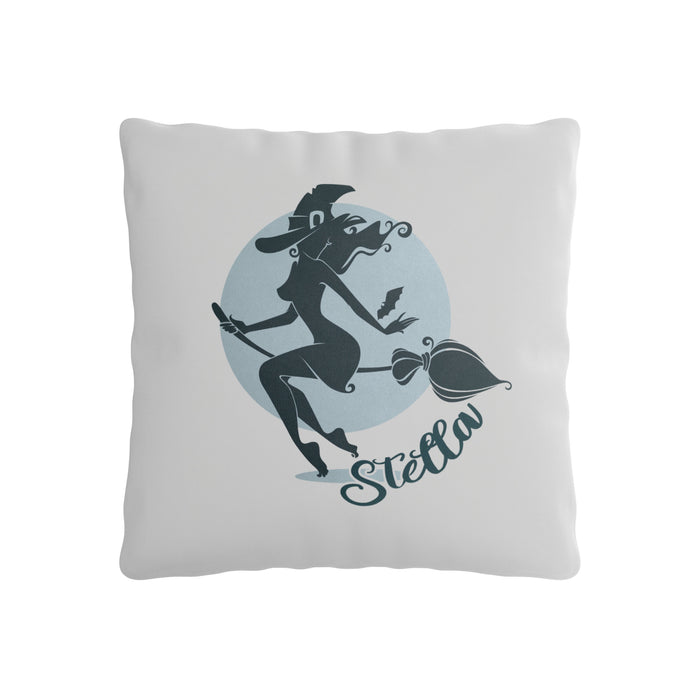 Witchy Vibes Halloween Themed Throw Pillow - Witch on Broomstick, 15.75in x 15.75in Peach Skin Pillow Cover, with Optional Insert