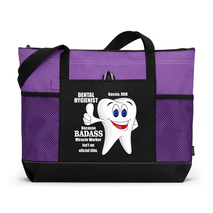 Badass Dental Hygienist, Assistant Printed Tote Bag with Mesh Pockets, Gift for Massage Therapist