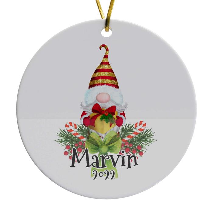 Gnome with Gift - Personalized Ceramic Christmas Ornament with Name and Date