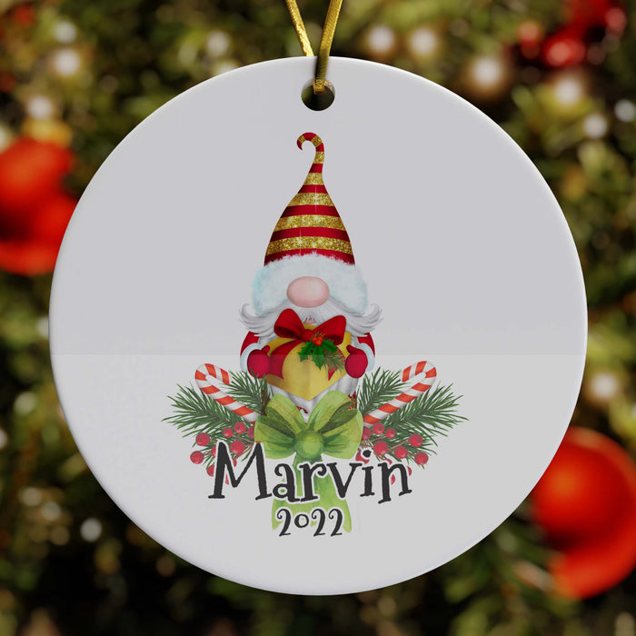 Gnome with Gift - Personalized Ceramic Christmas Ornament with Name and Date