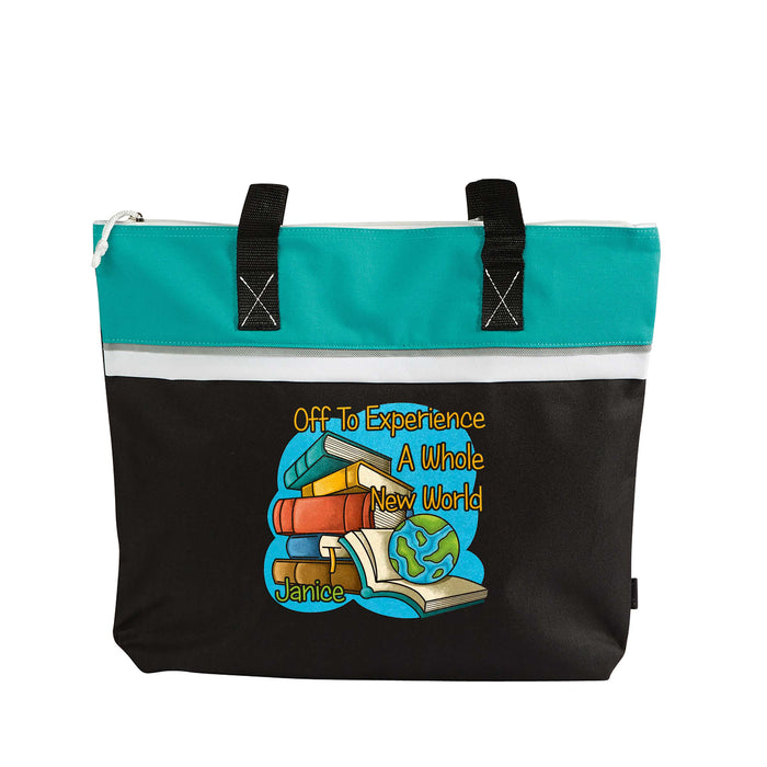 Off To Experience A Whole New World - Personalized Printed Small Tote, Book Lover, Reading, Teacher