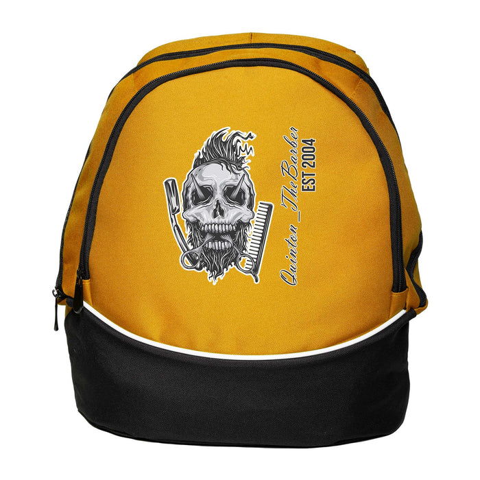 Custom Backpack Featuring Barber Skull with Social Media Tag or Handle, Gift for Barber or Hair Stylist