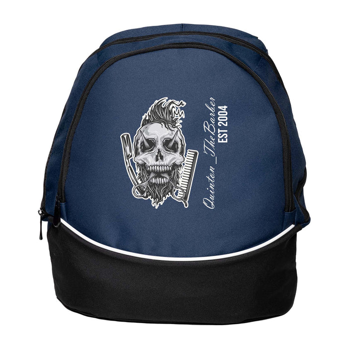 Custom Backpack Featuring Barber Skull with Social Media Tag or Handle, Gift for Barber or Hair Stylist