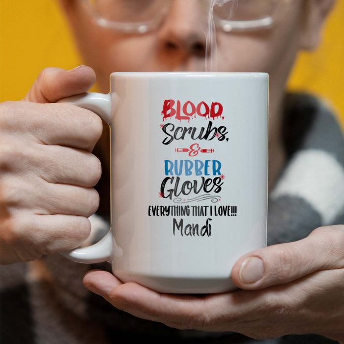Custom 15 oz Ceramic Coffee Mug, Gift for Medical Lab Technicians, Blood Scrubs and Rubber Gloves